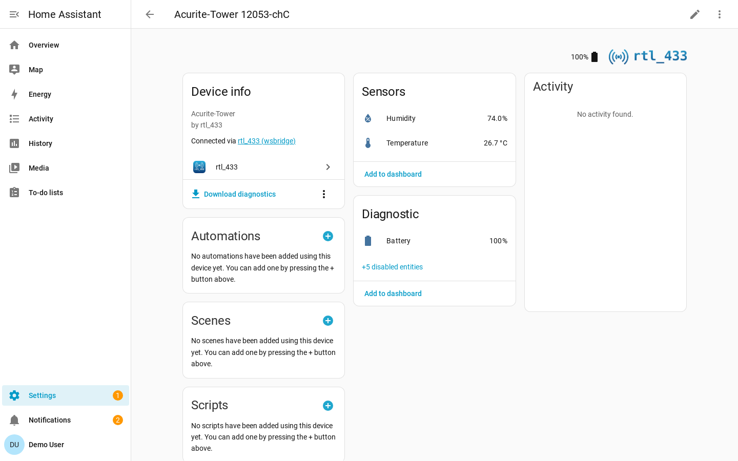 Acurite-Tower device page showing Temperature 26.7 C, Humidity 74.0%, Battery 100%, and signal diagnostics