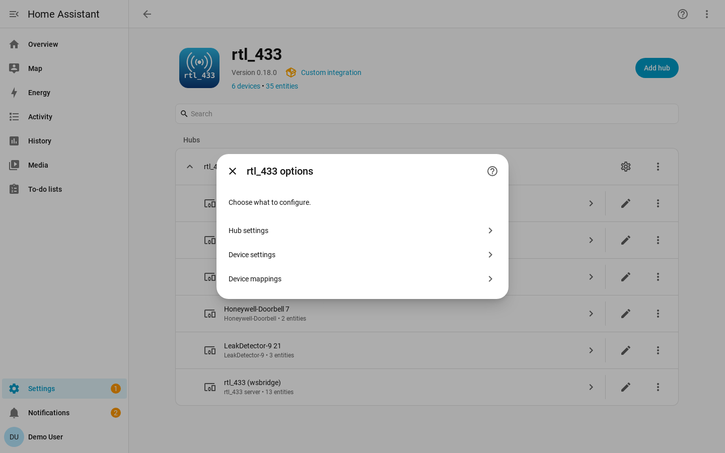 Hub options flow menu showing Hub settings, Device settings, and Device mappings