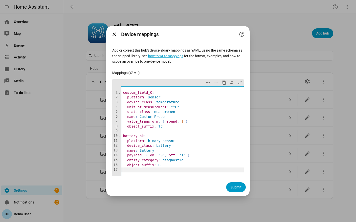 Device mappings step showing the YAML editor pre-filled with an example mapping