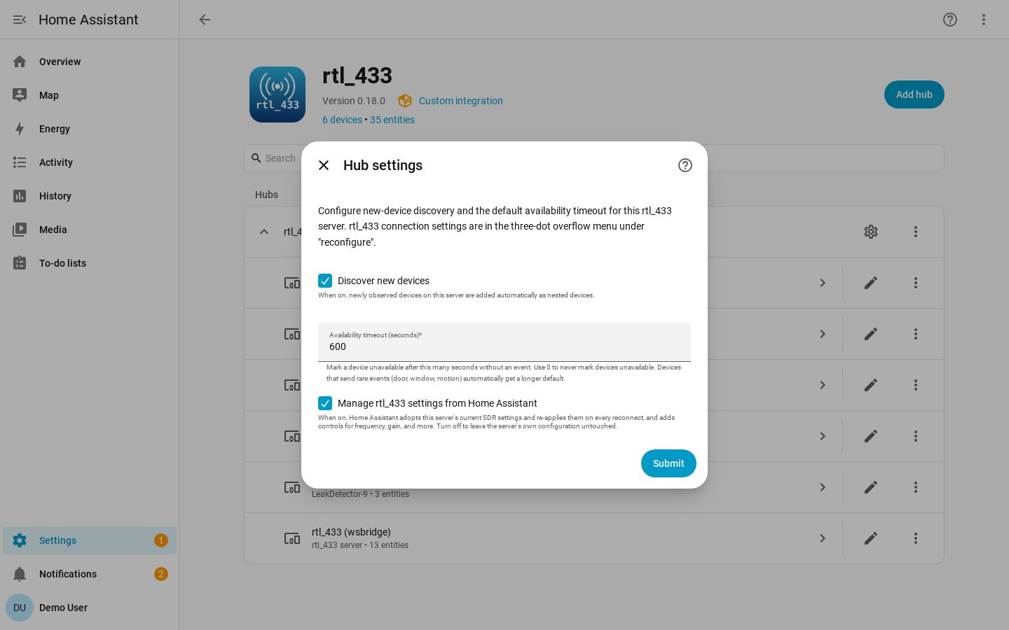 Hub settings step with the discovery toggle, default availability timeout, and managed-settings toggle