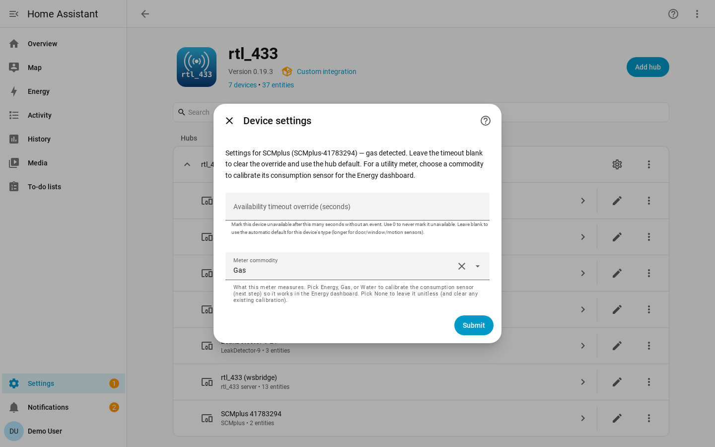 Device settings step with the availability timeout override and meter commodity selector