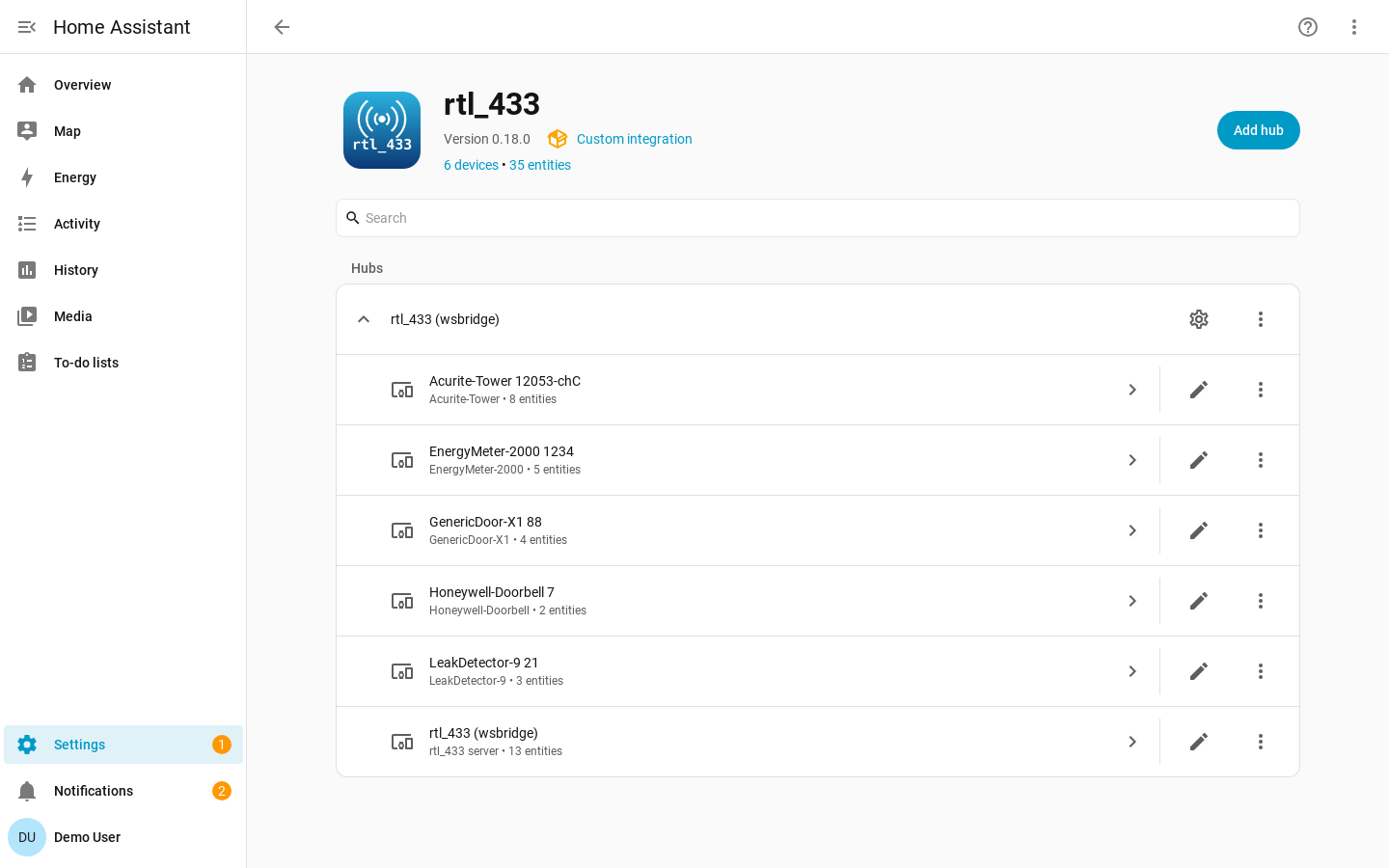 A single rtl_433 hub in Home Assistant with automatically discovered nested devices: a weather sensor, energy meter, door sensor, doorbell, and leak detector