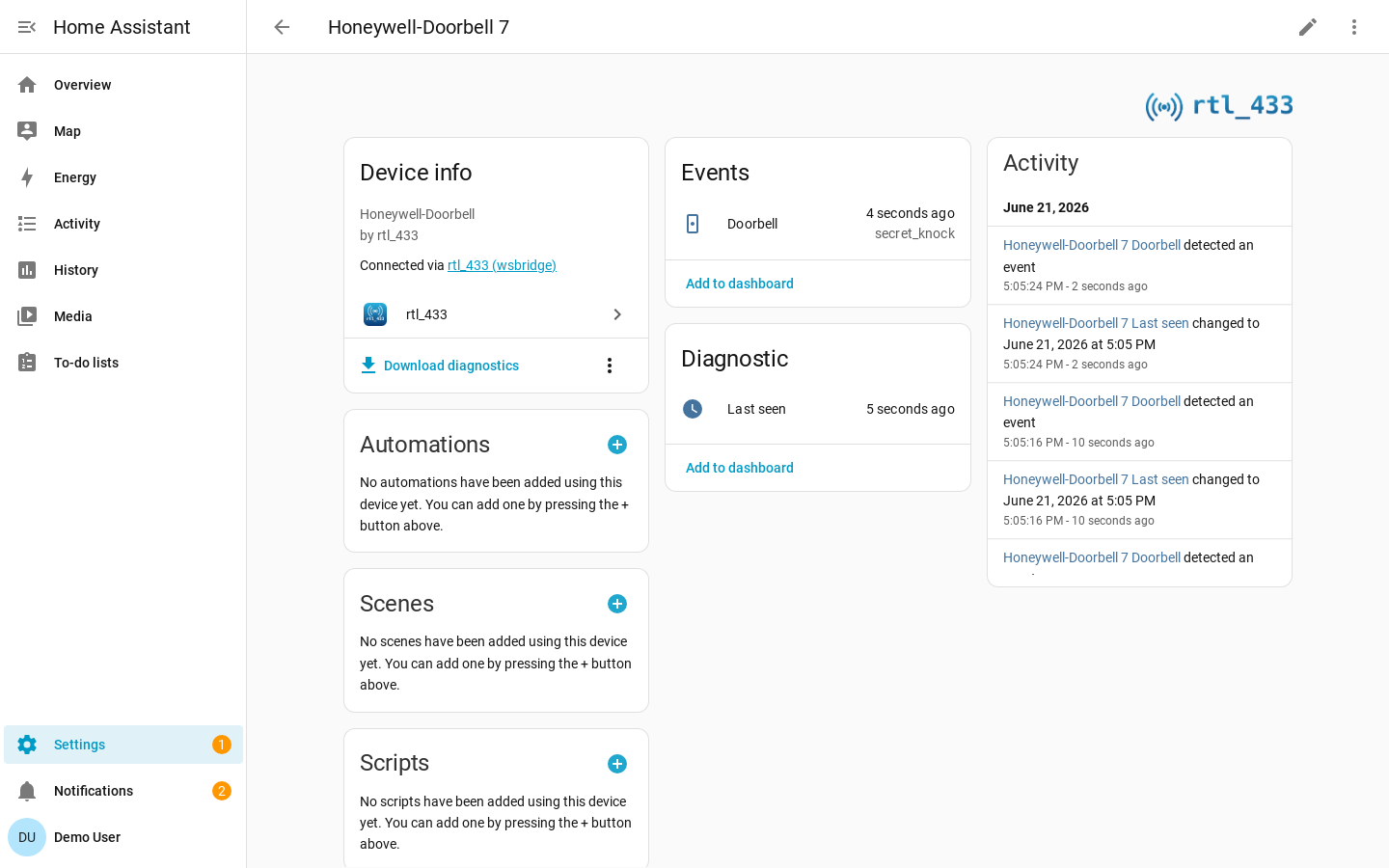 A doorbell device page showing an event entity with its most recent event type and the activity log of presses