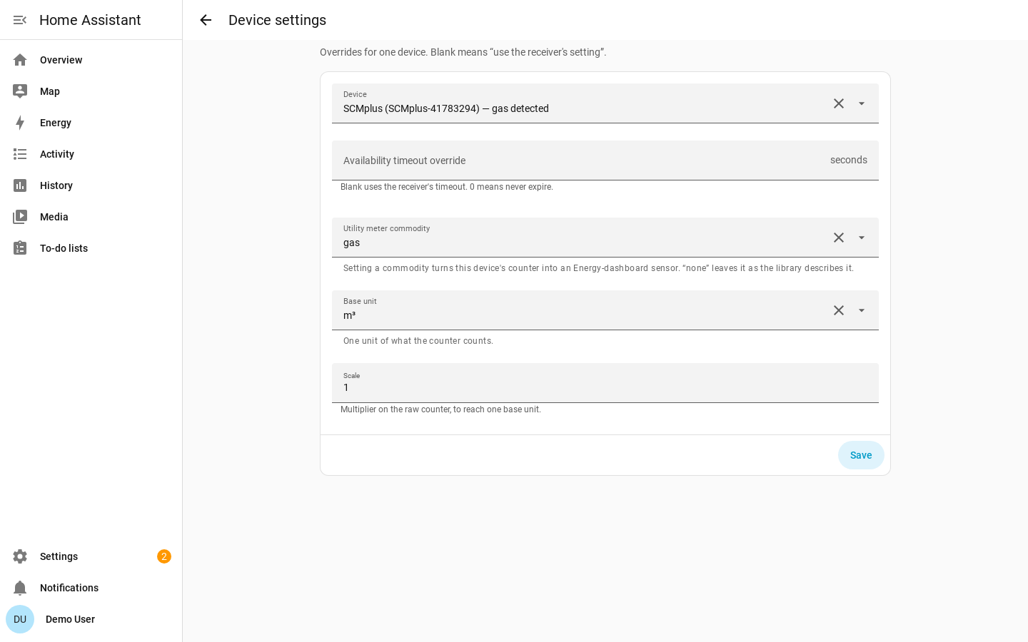 The Device settings page with the device picker, availability timeout override, and meter commodity selector