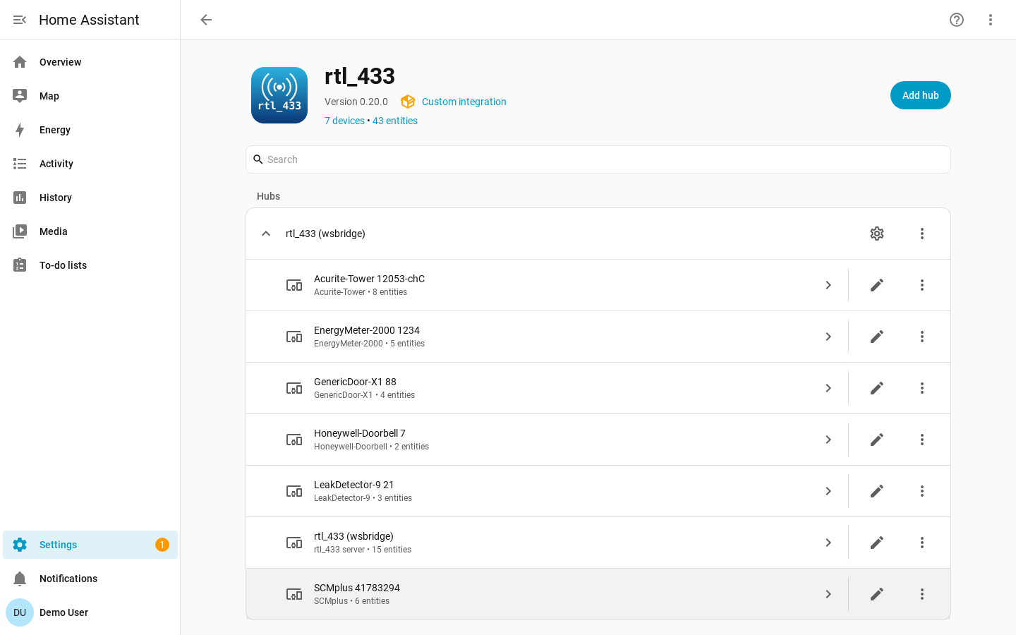 A single rtl_433 hub in Home Assistant with its nested devices: a weather sensor, energy meter, door sensor, doorbell, leak detector, and utility meter