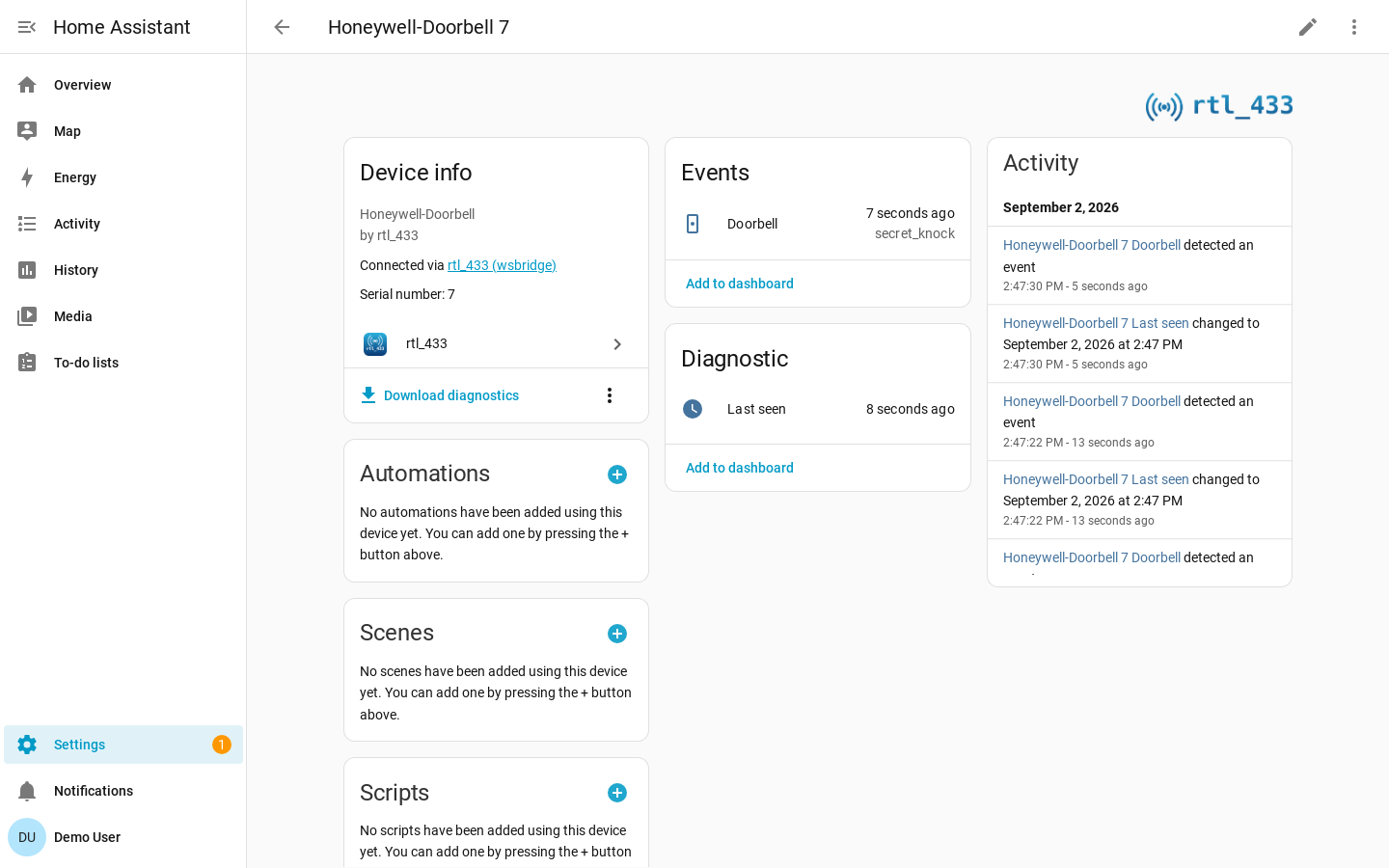 A doorbell device page showing an event entity with its most recent event type and the activity log of presses