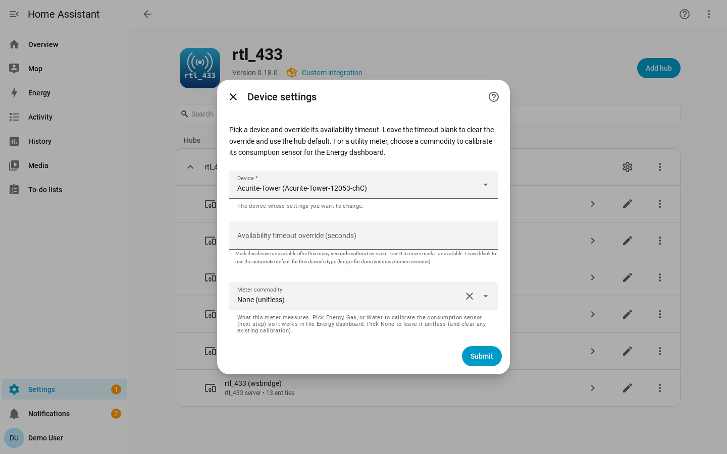 Device settings step with a device picker, availability timeout override, and meter commodity selector