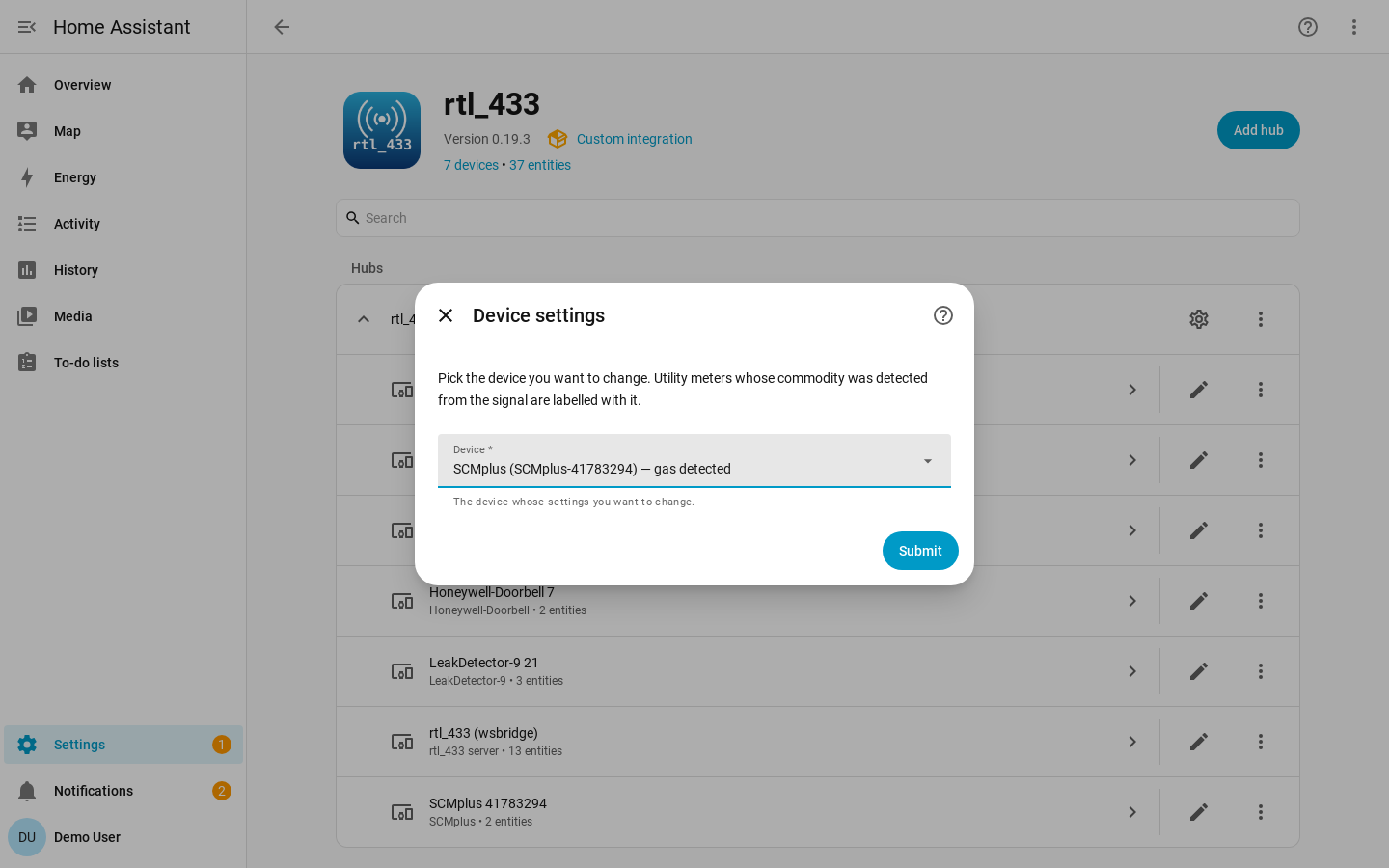 Device picker step, with a utility meter labelled with its detected commodity