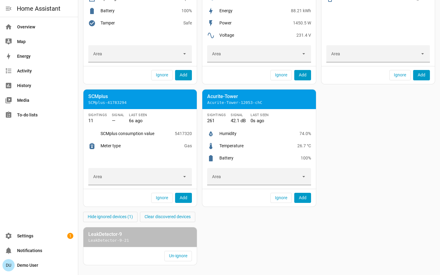 The rtl_433 page with the ignored-devices section revealed, showing one ignored device and its Un-ignore button